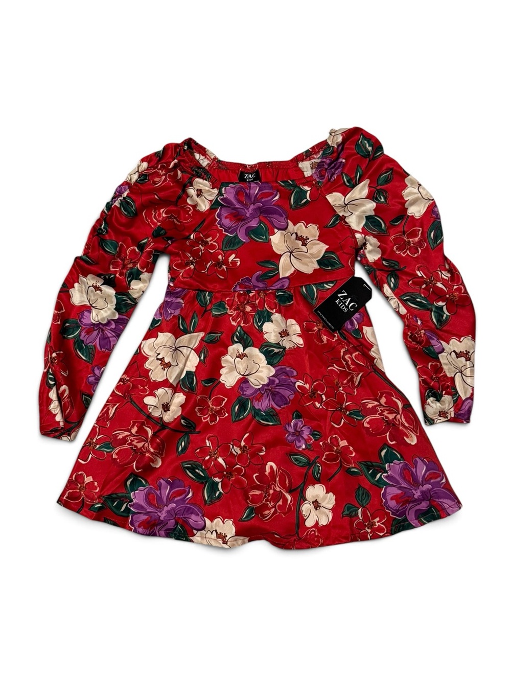 Zac Kids Red Floral Dress XS 4-5 Long Sleeve NWT